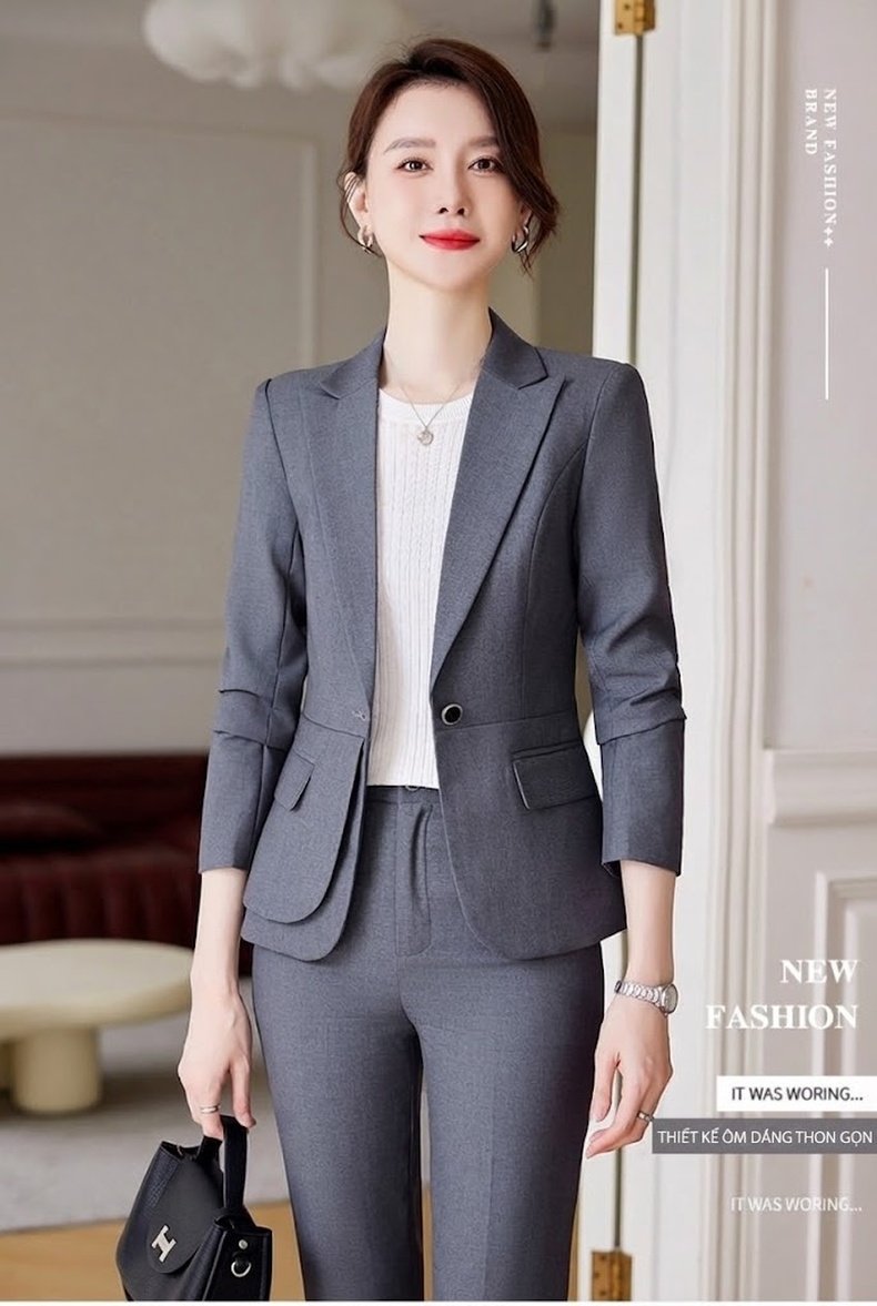 Bộ Vest Công Sở Nữ Thu Đông Dáng Ôm Thanh Lịch Màu Xám, Xanh Navy, Đen chi tiết 2