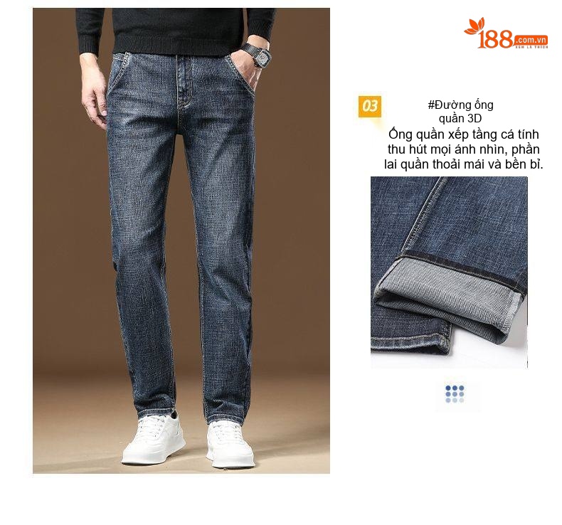 Quần Jean Nam Ống Đứng Dáng Ôm Vừa Vặn Cotton Không Nhăn Phong Cách Business Trung Niên Màu Xanh Đậm, Xanh Nhạt, Xám chi tiết 8