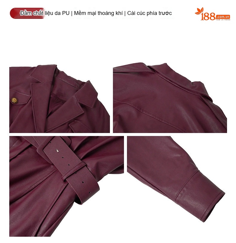 Đầm Ôm Body Nữ Da PU Cổ chữ Vest Tay Dài Thắt Eo Màu Đỏ Rượu Vang chi tiết 3