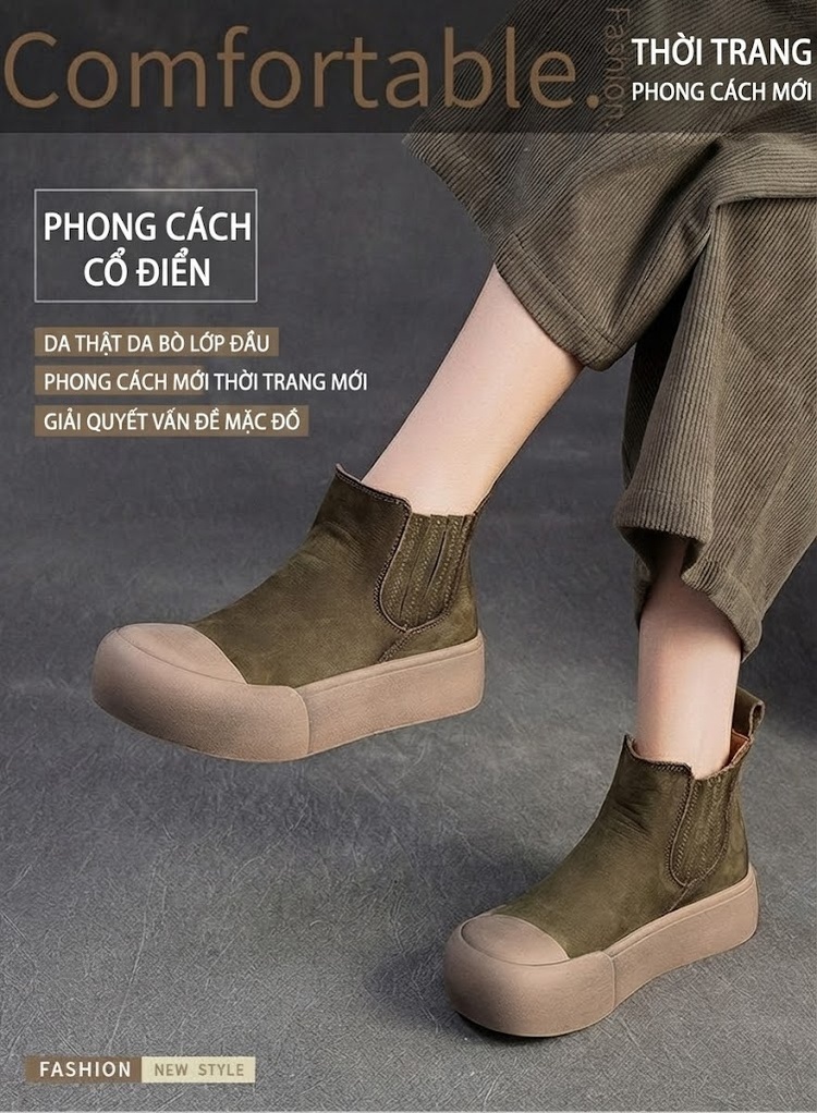 Giày Boot Martin Nữ Da Bò Mũi Tròn Chiều Cao Đế Khoảng 4cm Màu Nâu, Xám, Xanh chi tiết 1