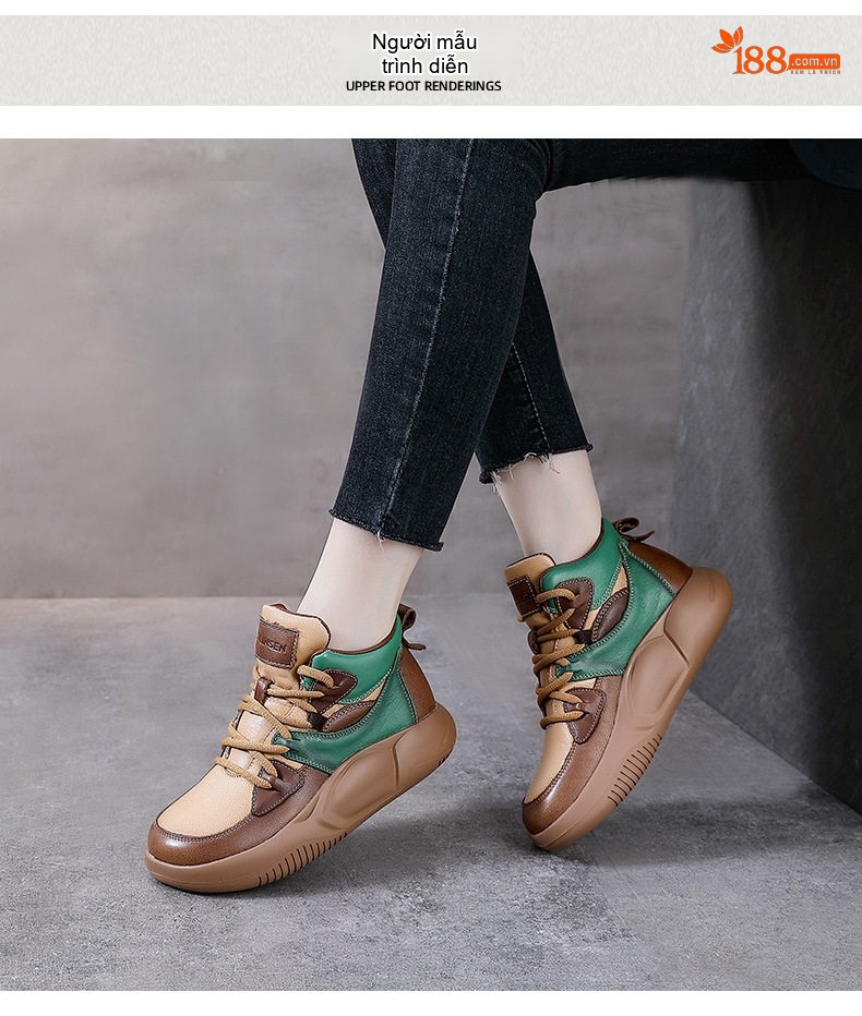 Giày Boot Nữ Da Bò Cổ Cao Thắt Dây Chiều Cao Đế Khoảng 5cm Màu Nâu, Vàng Be, Xanh Lá chi tiết 11