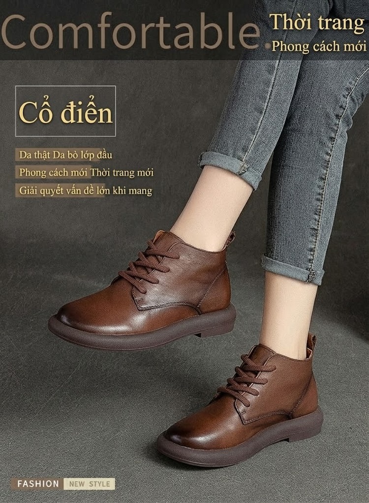 Giày Boot Nữ Cổ Ngắn Da Bò Mũi Tròn Buộc Dây Chiều Cao Đế Khoảng 3cm Màu Nâu, Đen chi tiết 1