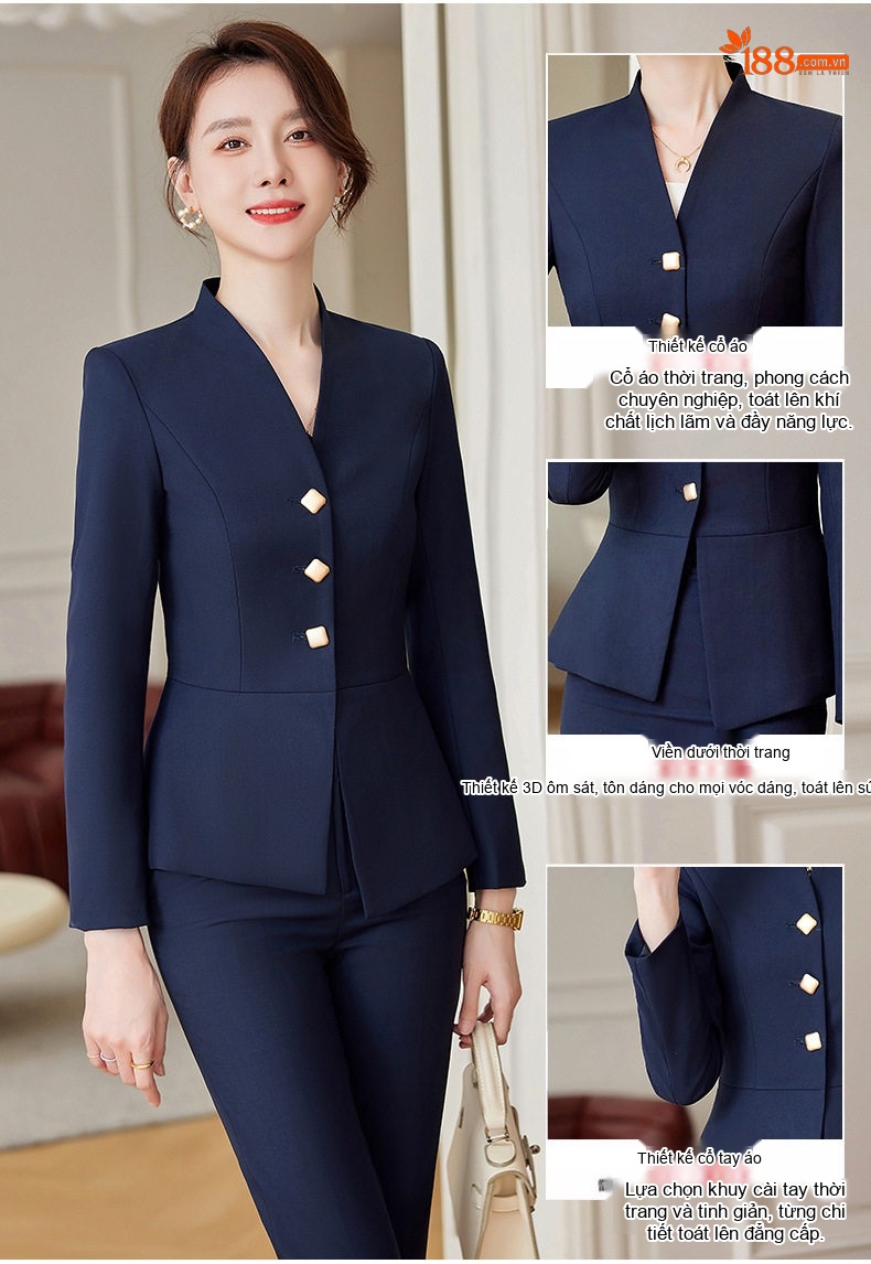 Bộ Vest Công Sở Nữ Quần/Chân Váy Thanh Lịch Màu Xám, Đen, Xanh Navy chi tiết 6