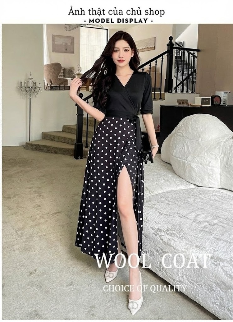 Váy Đầm Nữ Dáng Dài Họa Tiết Chấm Bi Eo Thun Xẻ Tà Phong Cách Pháp Màu Đen chi tiết 7
