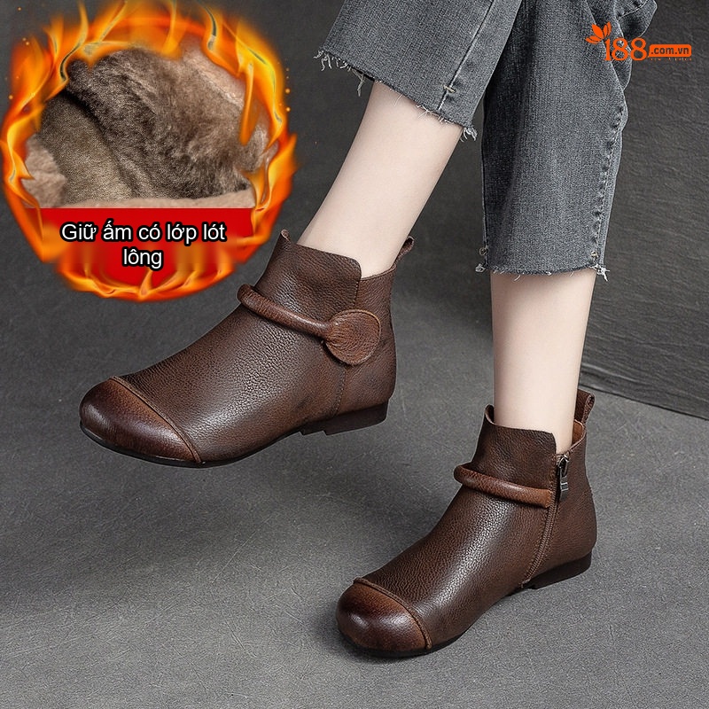 Boot Nữ Cổ Ngắn Lót Lông Giữ Ấm Khóa Kéo Bên Hông Đế Bệt Chiều Cao Đế Khoảng 1cm Màu Nâu