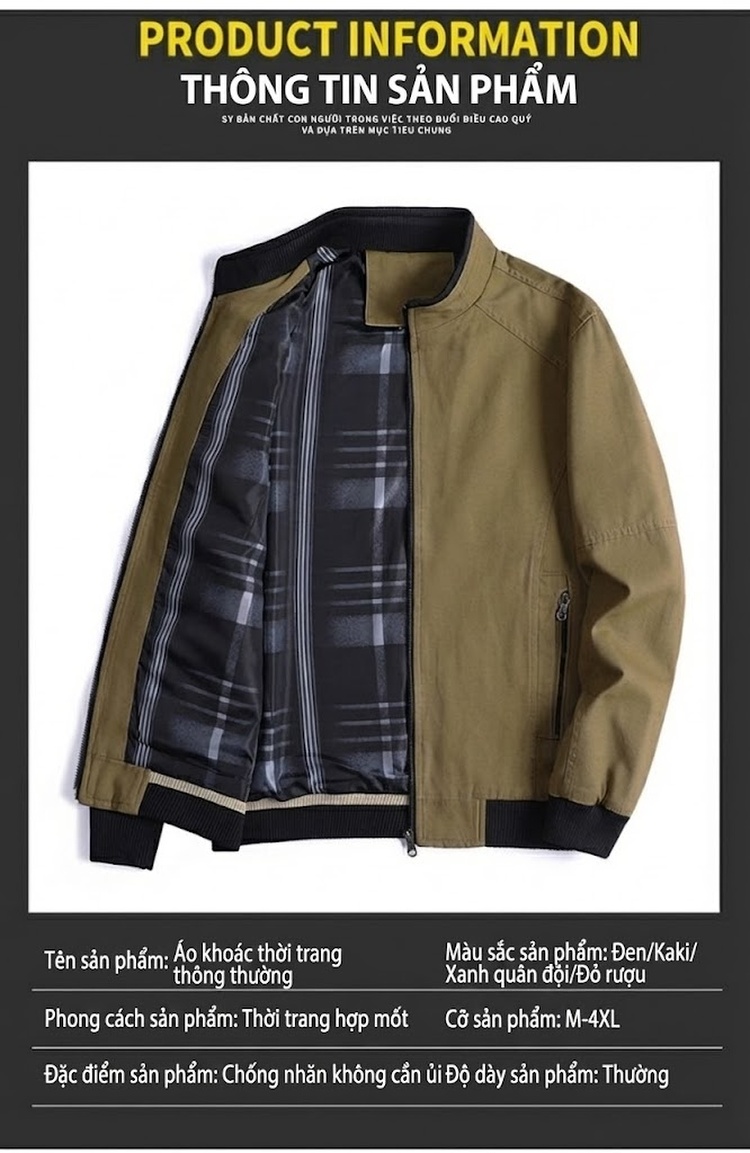 Áo Khoác Bomber Nam Cotton Dáng Đứng Cổ Giản Dị Màu Xanh Olive, Đỏ, Xanh Lá, Đen... chi tiết 6