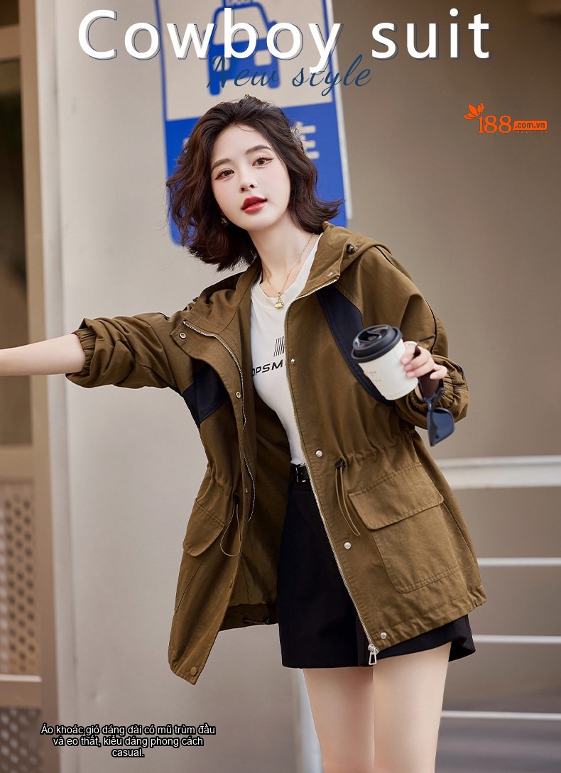 Áo Khoác Gió Dáng Rộng Nữ Trung Niên Có Mũ Trùm Đầu Dây Rút Eo Phong Cách Hàn Quốc Màu Xanh Olive, Đen chi tiết 2
