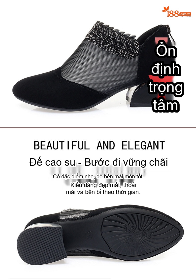 Giày Cao Gót Nữ Da Mờ Lưới Mỏng Chiều Cao Đế Khoảng 3cm Màu Đen chi tiết 7