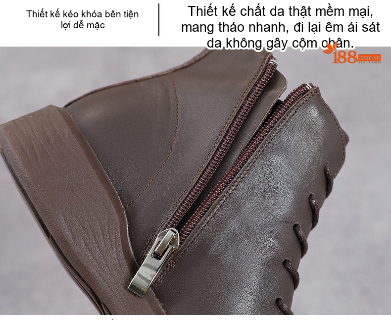 Boot Nữ Da Bò Cổ Lửng Khóa Bên Hông Chiều Cao Đế Khoảng 3cm Màu Đen, Nâu chi tiết 8