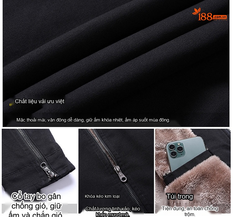 Áo Khoác Nam Cotton Dáng Ôm Lót Lông Dày Dặn Màu Đen, Đỏ, Xanh Rêu, Vàng Be chi tiết 3