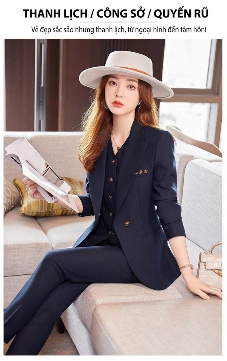 Bộ Vest Công Sở Nữ 3 Món Áo Khoác, Áo Gile, Quần Dài Màu Hồng, Kem, Xanh Navy chi tiết 5