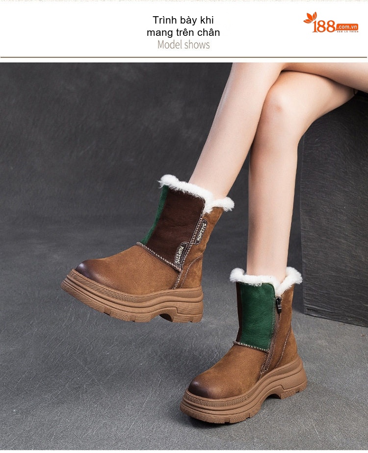 Boot Nữ Cổ Lửng Lót Lông Cừu Đế Dày Phong Cách Retro Chiều Cao Đế Khoảng 5cm Màu Nâu, Xanh Lá chi tiết 6