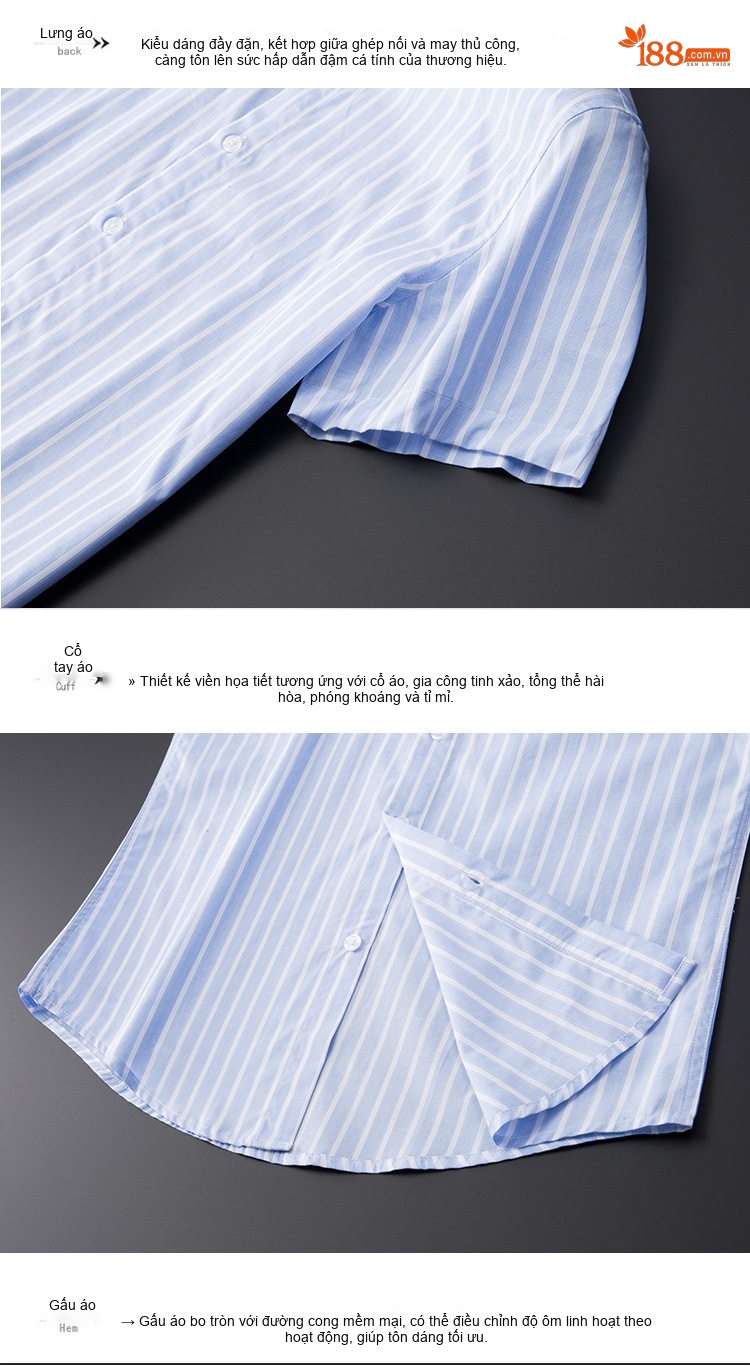Áo Sơ Mi Nam Tay Ngắn Cotton Kẻ Sọc Xanh Trắng Thêu Ong Slim Fit chi tiết 10
