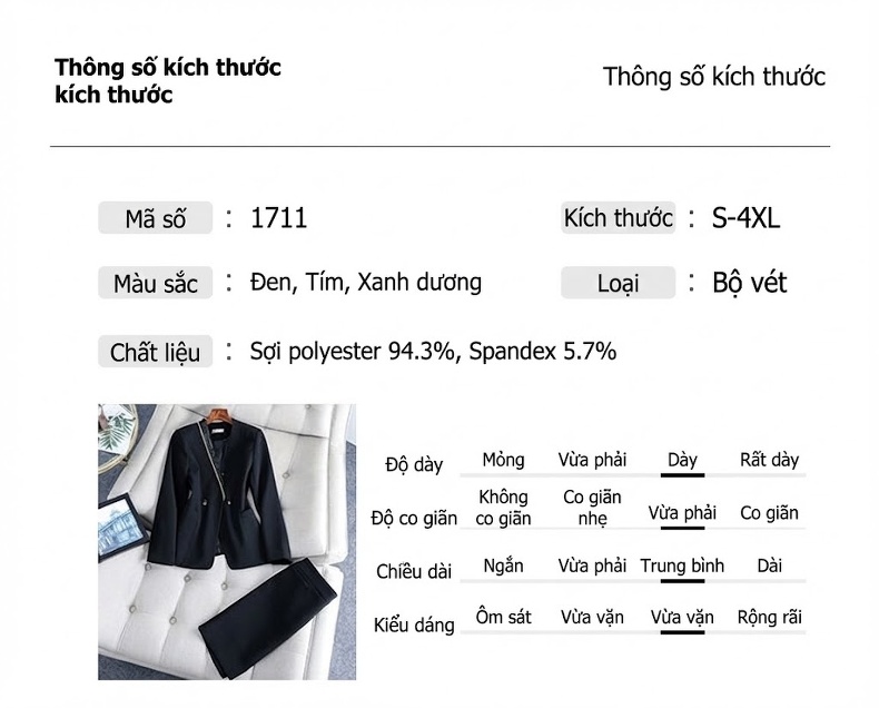 Bộ Vest Công Sở Nữ Quần Dài/Chân Váy Áo Blazer Thanh Lịch Màu Đen, Xanh Dương, Tím chi tiết 9