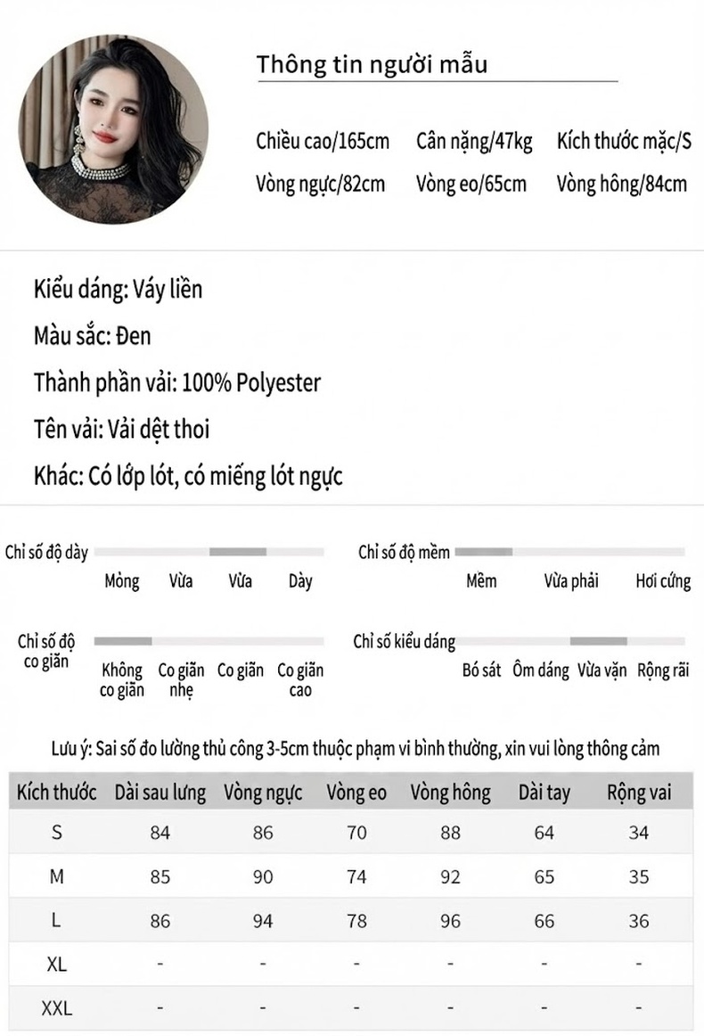 Váy Đầm Chữ A Nữ Tiểu Thư Cổ Điển Tay Dài Phối Ren Đính Đá Màu Đen chi tiết 2