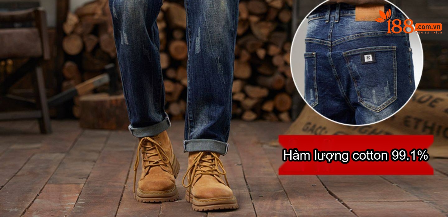 Quần Jean Nam Cotton Dáng Ôm Vừa Vặn Màu Xanh Denim