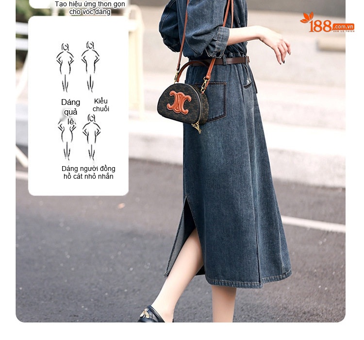 Váy Đầm Jean Nữ Dáng Dài Thắt Eo Phong Cách Công Sở Màu Xanh Denim chi tiết 5