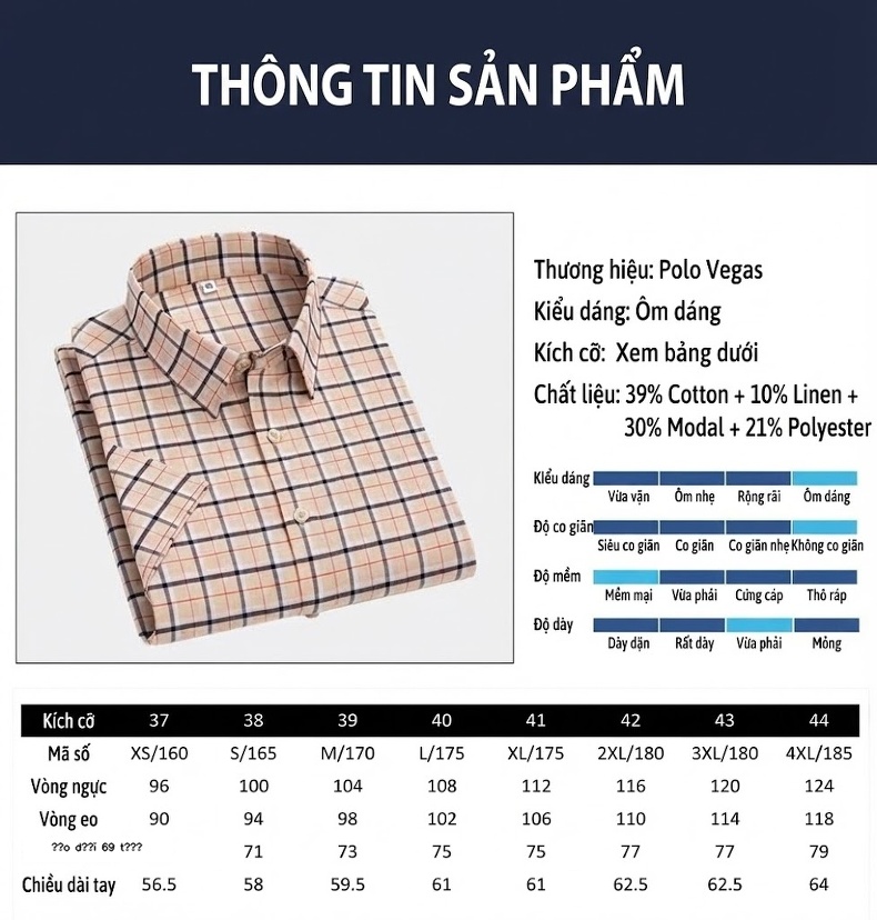 Áo Sơ Mi Nam Tay Ngắn Kẻ Caro 50% Sợi Polyester, 50% Sợi Cellulose Tái Sinh Màu Xanh Dương, Cam, Xanh Lá, Xám... chi tiết 3