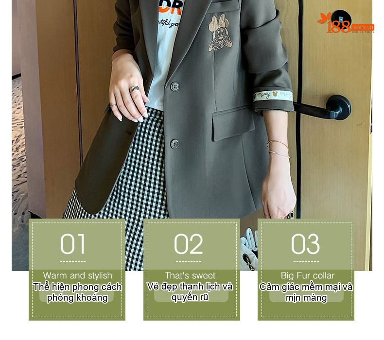 Áo Khoác Blazer Nữ Thêu Mickey Kiểu Hàn Quốc Màu Nâu chi tiết 4