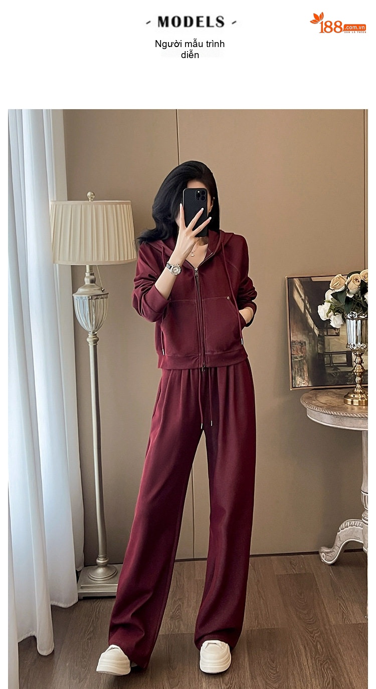 Bộ Đồ Thể Thao Nữ Áo Khoác Hoodie Dây Kéo Quần Ống Rộng Màu Đỏ Rượu Vang, Xanh Navy chi tiết 10