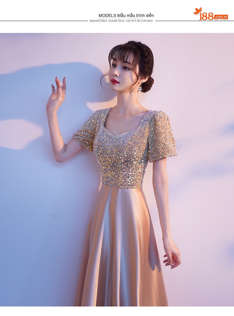 Váy Dạ Hội Nữ Dáng Dài Đính Kim Sa Màu Champagne chi tiết 5