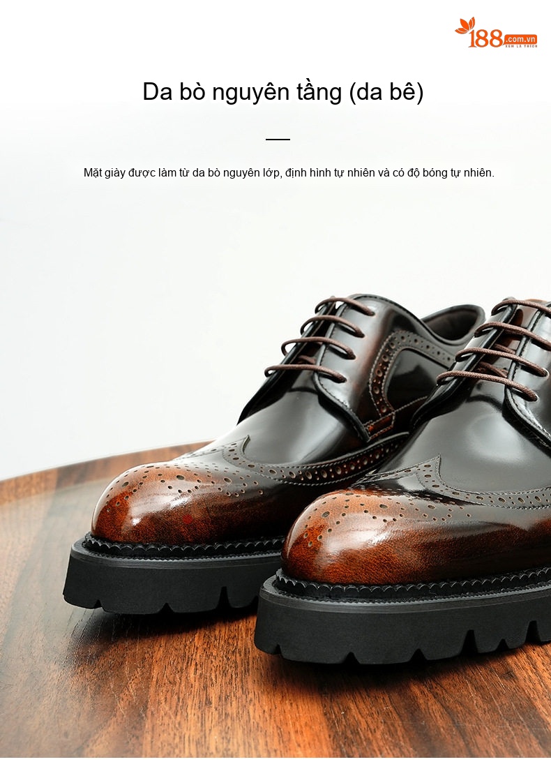 Giày Tây Buộc Dây Nam Da Bóng Chiều Cao Đế Khoảng 4cm Kiểu dáng Brogue Màu Đen, Nâu chi tiết 7