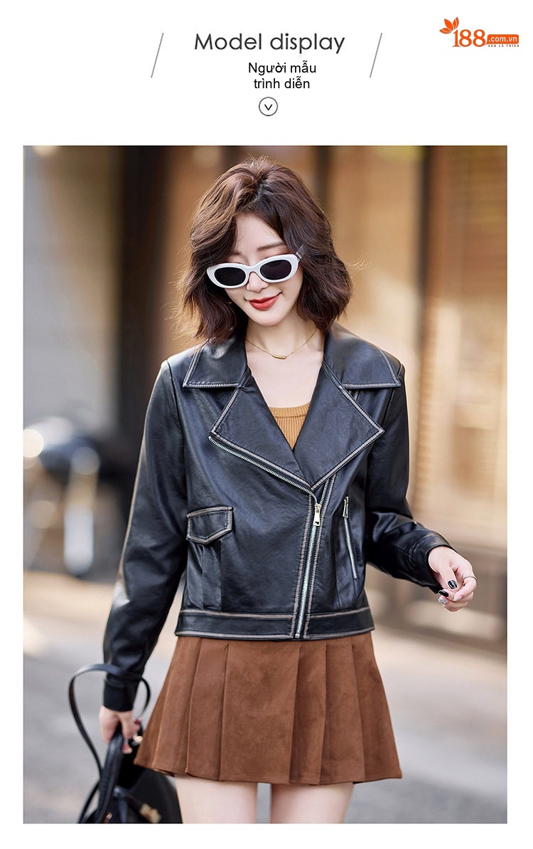 Áo Khoác Da Nữ Dáng Ngắn Phong Cách Moto Thời Trang Màu Đen, Nâu chi tiết 18