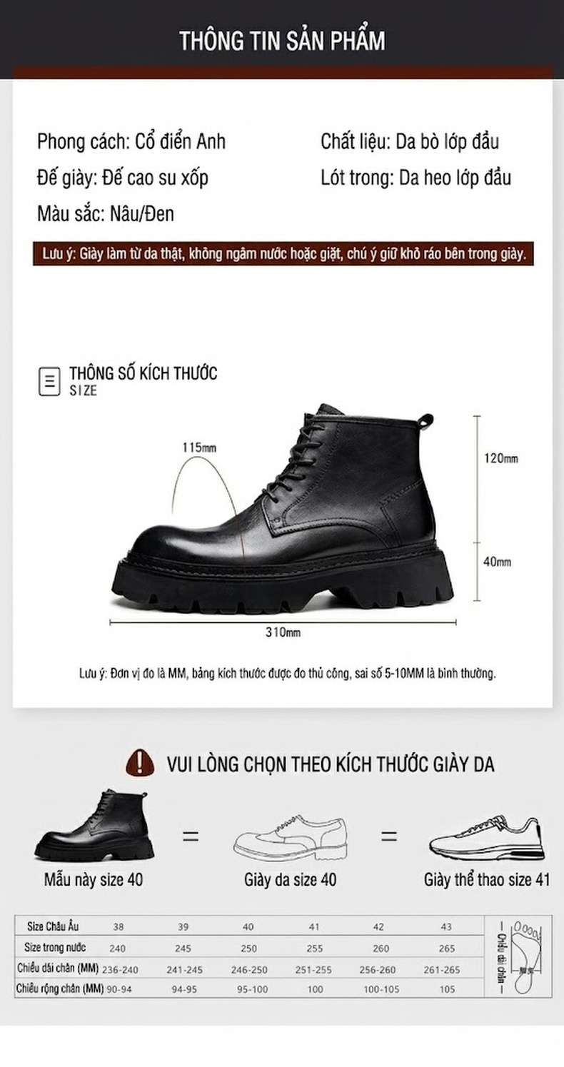 Giày Boot Martin Nam Da Bò Cổ Lửng Khóa Kéo Phong Cách Anh Chiều Cao Đế Khoảng 4cm Màu Nâu, Đen chi tiết 7