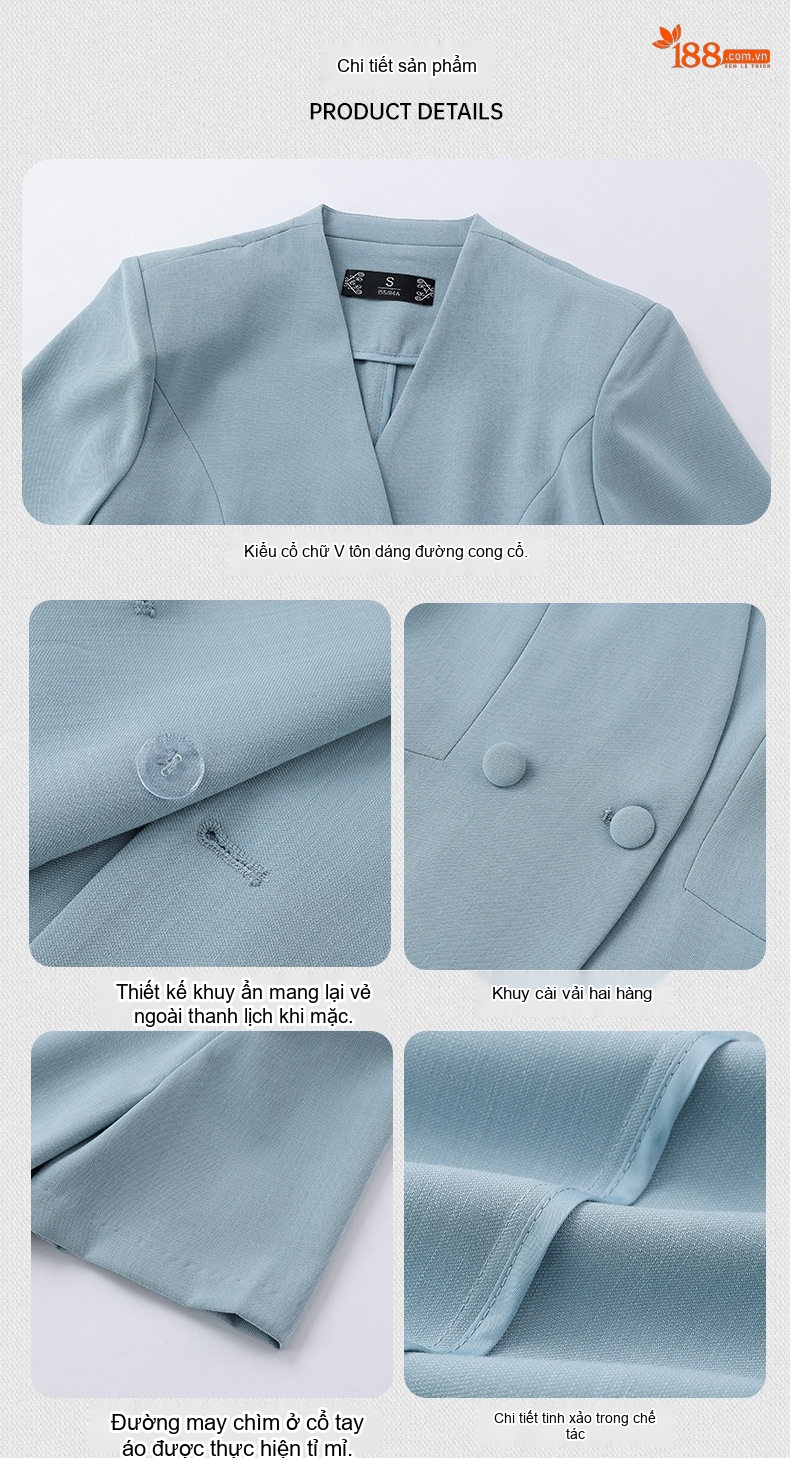 Bộ Vest Công Sở Nữ Tay Ngắn Cổ chữ V Màu Xanh Lam, Đen chi tiết 12
