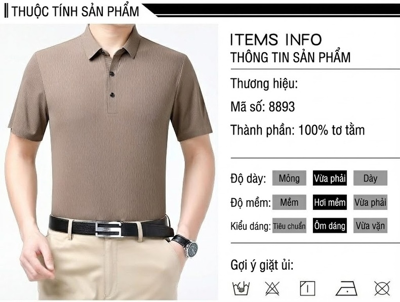 Áo Polo Nam Lụa Tằm Tơ Mùa Hè Form Rộng Chống Nhăn Màu Nâu, Xám, Đen, Xanh... chi tiết 6