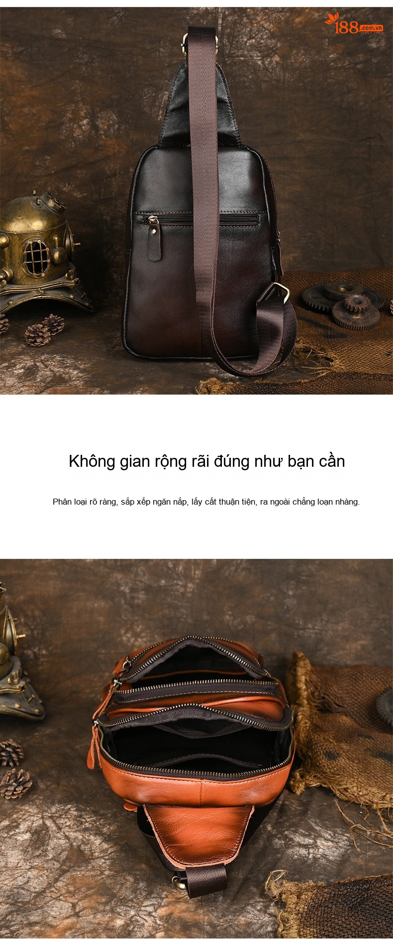 Túi Đeo Ngực/Đeo Chéo Nam Da Bò Thật Dung Tích Lớn Phong Cách Retro Màu Nâu, Đen chi tiết 8