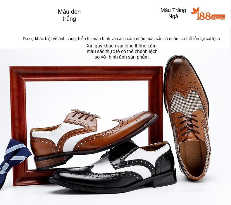 Giày Tây Buộc Dây Nam Da Thật Brogue Phối Màu Chiều Cao Đế Khoảng 3cm Màu Đen, Trắng, Nâu chi tiết 3