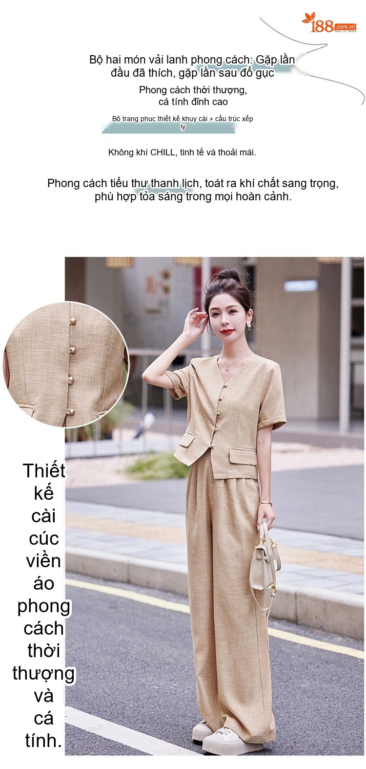 Bộ Quần Áo Nữ Cotton Linen Thiết Kế Áo Vest Tay Ngắn Quần Ống Rộng Phong Cách Thanh Lịch Màu Be, Xám chi tiết 2