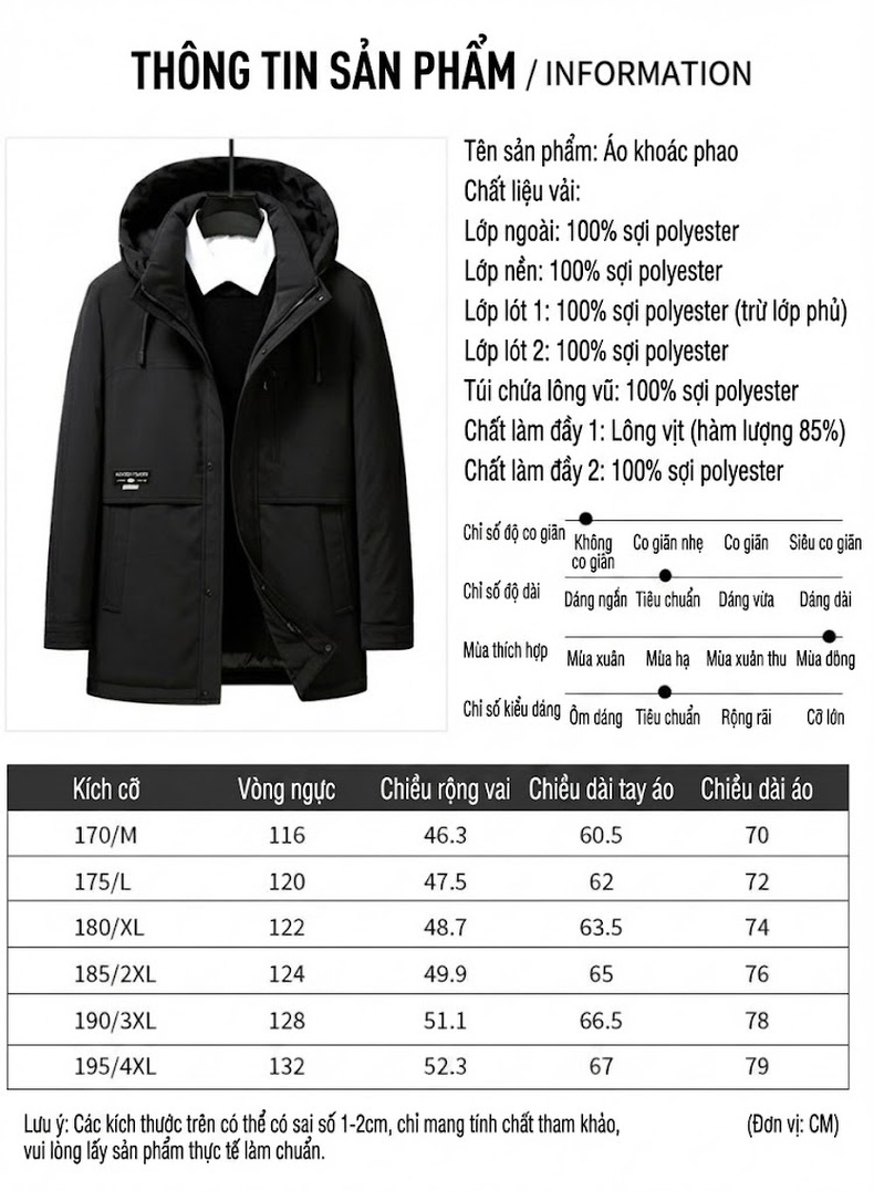 Áo Khoác Dạ Nam Dáng Dài Quá Gối Hai Mặt Cotton Màu Nâu, Xanh Navy, Đen chi tiết 4