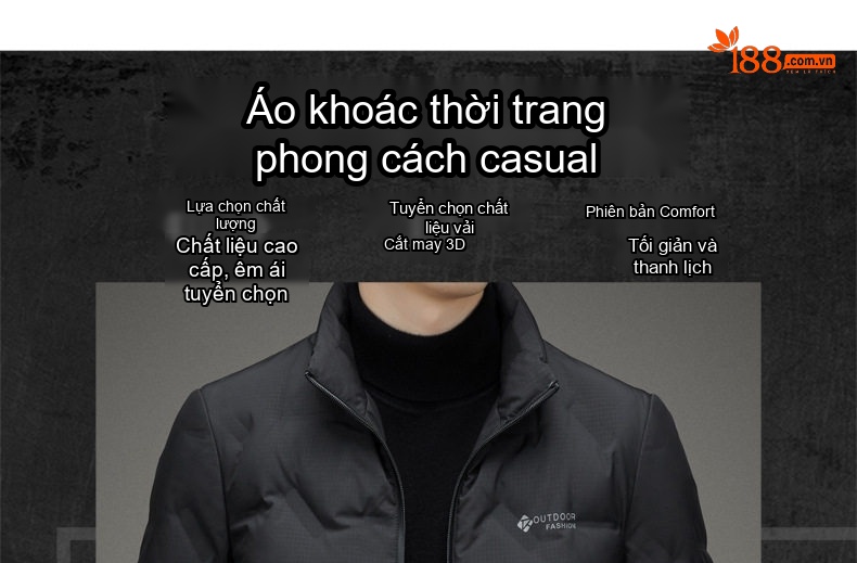 Áo Khoác Phao Lông Vũ Nam Mỏng Nhẹ Dáng Ngắn Cổ Trụ Màu Đen, Xám, Xanh Navy chi tiết 1