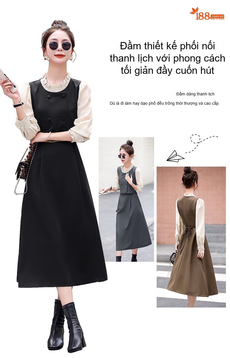 Váy Liền Thân Nữ Tiểu Thư Tay Dài Thiết Kế Giả Hai Lớp Thanh Lịch Màu Đen, Nâu, Xám chi tiết 1