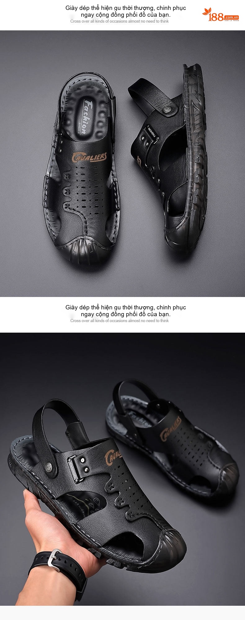 Dép Sandal Nam Da Bò Bít Mũi Thoáng Khí Chiều Cao Đế Khoảng 2cm Màu Nâu, Đen chi tiết 14