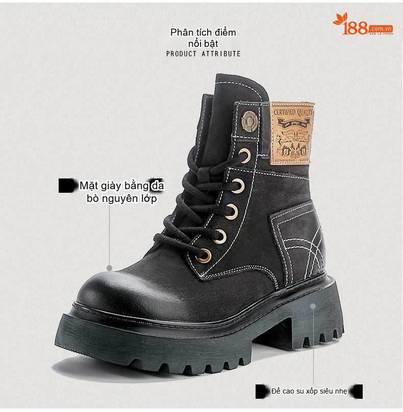 Boot Martin Nữ Da Bò Cổ Cao Đế Dày Phong Cách Retro Chiều Cao Đế Khoảng 5cm Màu Nâu, Đen, Đỏ... chi tiết 3