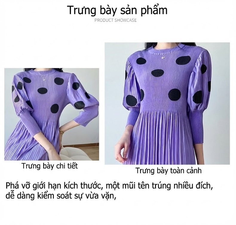 Váy Xòe Nữ Ly Nhún Họa Tiết Chấm Bi dáng chữ A Màu Tím, Xanh Lá, Đen, Vàng chi tiết 2
