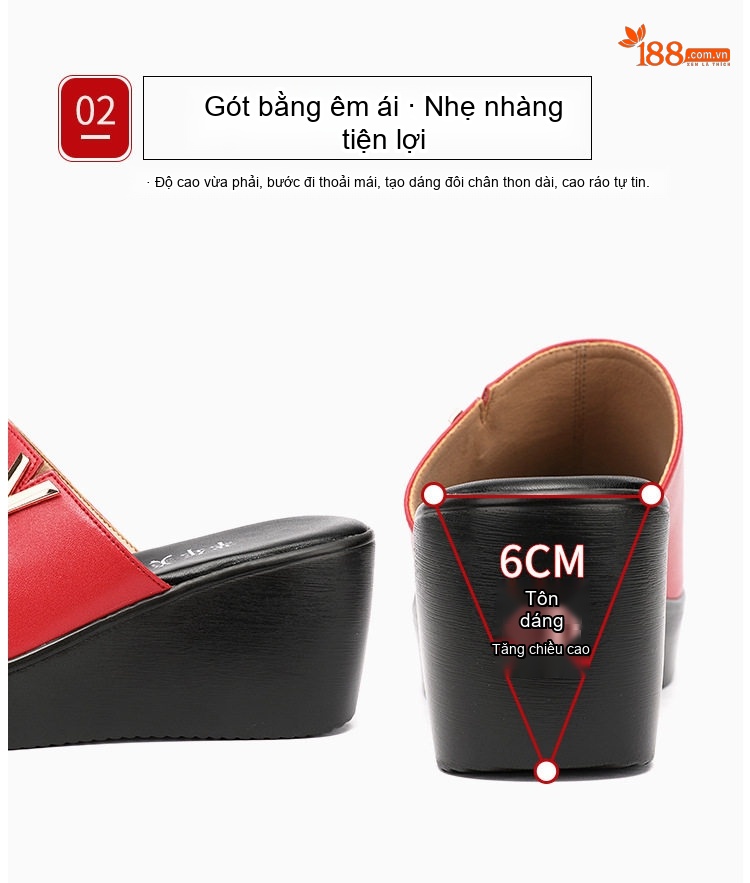 Dép Quai Ngang Nữ Da Bò Đế Xuồng Chiều Cao Đế Khoảng 6cm Màu Đỏ, Đen chi tiết 5