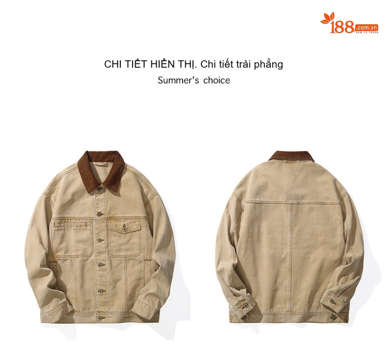 Áo Khoác Jeans Nam Cổ Bẻ Vải Canvas Form Rộng Phong Cách Mỹ Màu Be chi tiết 11