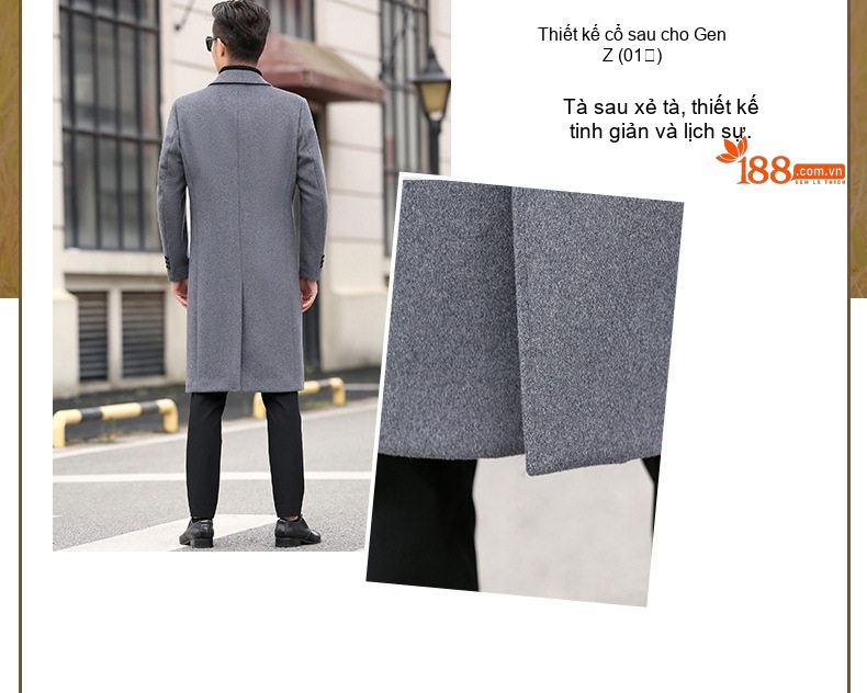 Áo Khoác Dạ Nam Dáng Dài Business Casual Màu Đen, Xám chi tiết 5