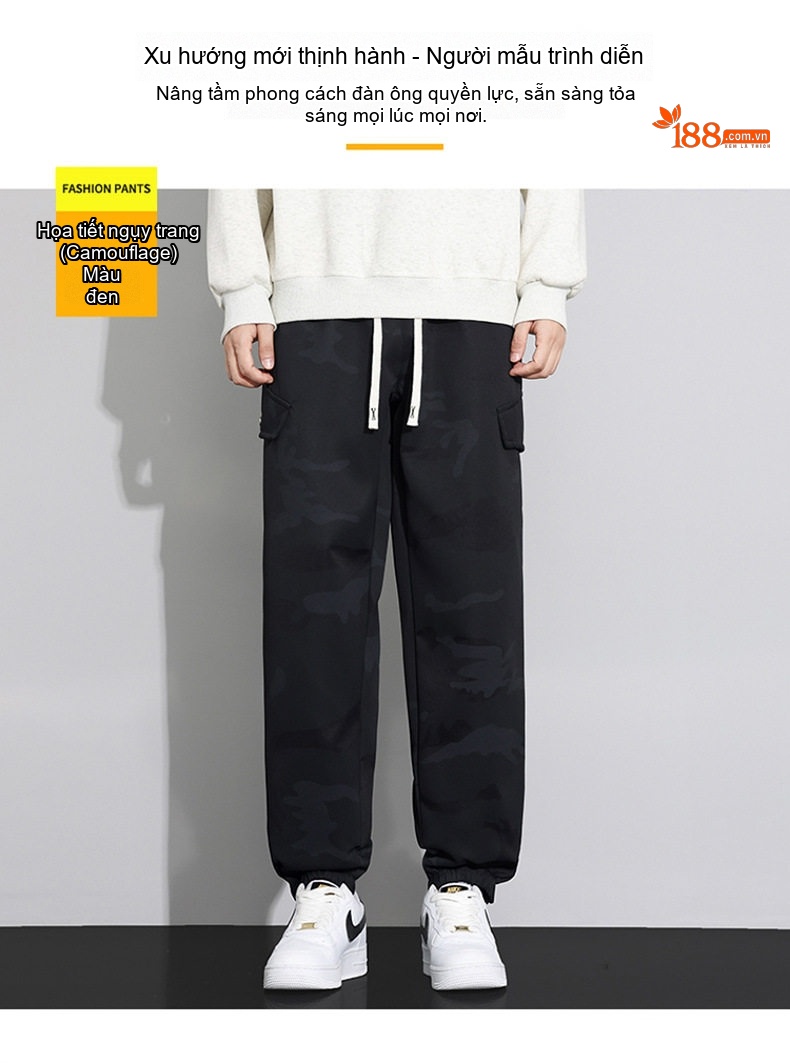 Quần Jogger Nam Lót Lông Cừu Non Dày Dặn Phong Cách Mỹ Ống Bo Chun Màu Rằn Ri, Đen chi tiết 13