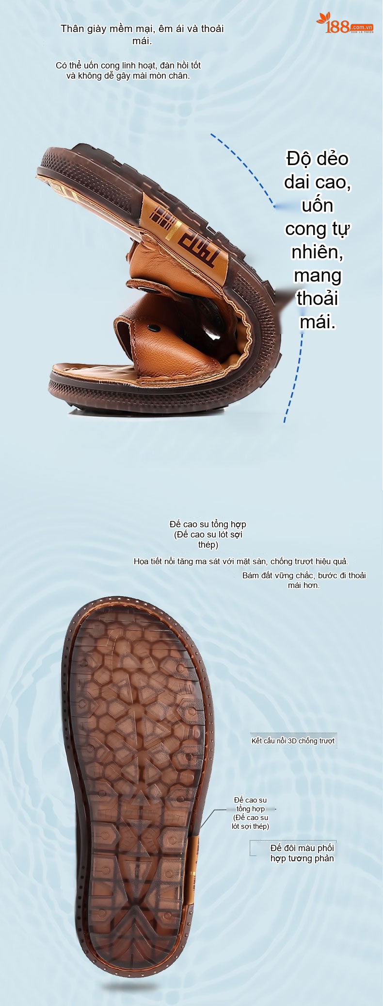 Dép Sandal Nam Da Thật Chống Trượt Thoáng Khí Chiều Cao Đế Khoảng 2cm Màu Nâu, Đen chi tiết 6
