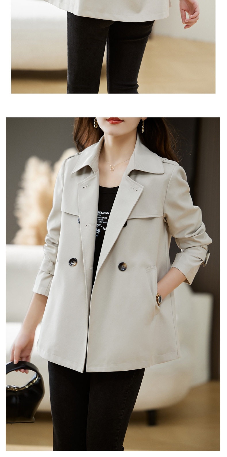 Áo Khoác Ngắn Nữ Dáng Suông Cổ chữ Vest Phong Cách Hàn Quốc Màu Be, Trắng chi tiết 14
