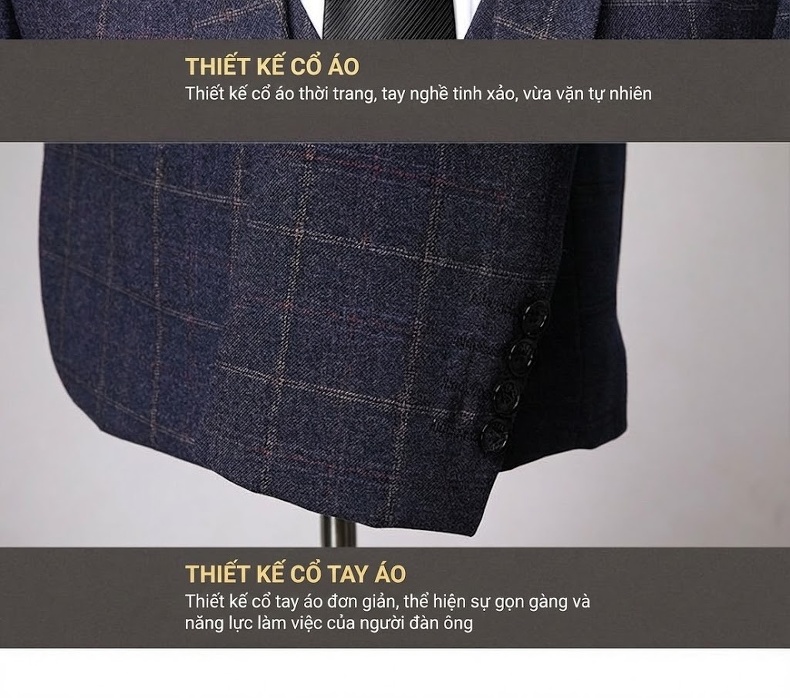 Bộ Vest Nam Kẻ Caro 3 Món Phong Cách Doanh Nhân Trẻ Trung Màu Xám, Xanh Dương chi tiết 16