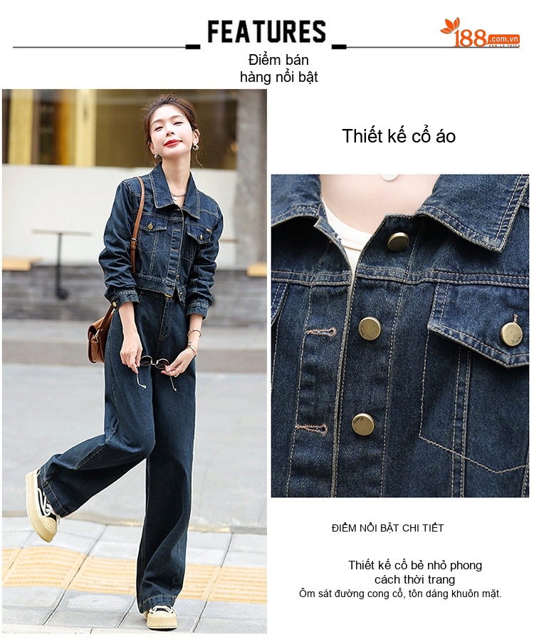Set Bộ Quần Áo Nữ Jean/Denim Áo Khoác Lửng Quần Ống Rộng Phong Cách Hàn Quốc Màu Xanh Navy chi tiết 9