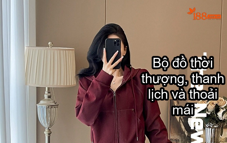 Bộ Đồ Thể Thao Nữ Áo Khoác Hoodie Dây Kéo Quần Ống Rộng Màu Đỏ Rượu Vang, Xanh Navy chi tiết 1