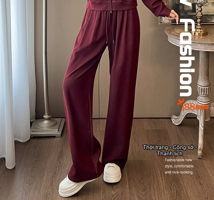 Bộ Đồ Thể Thao Nữ Áo Khoác Hoodie Dây Kéo Quần Ống Rộng Màu Đỏ Rượu Vang, Xanh Navy chi tiết 2