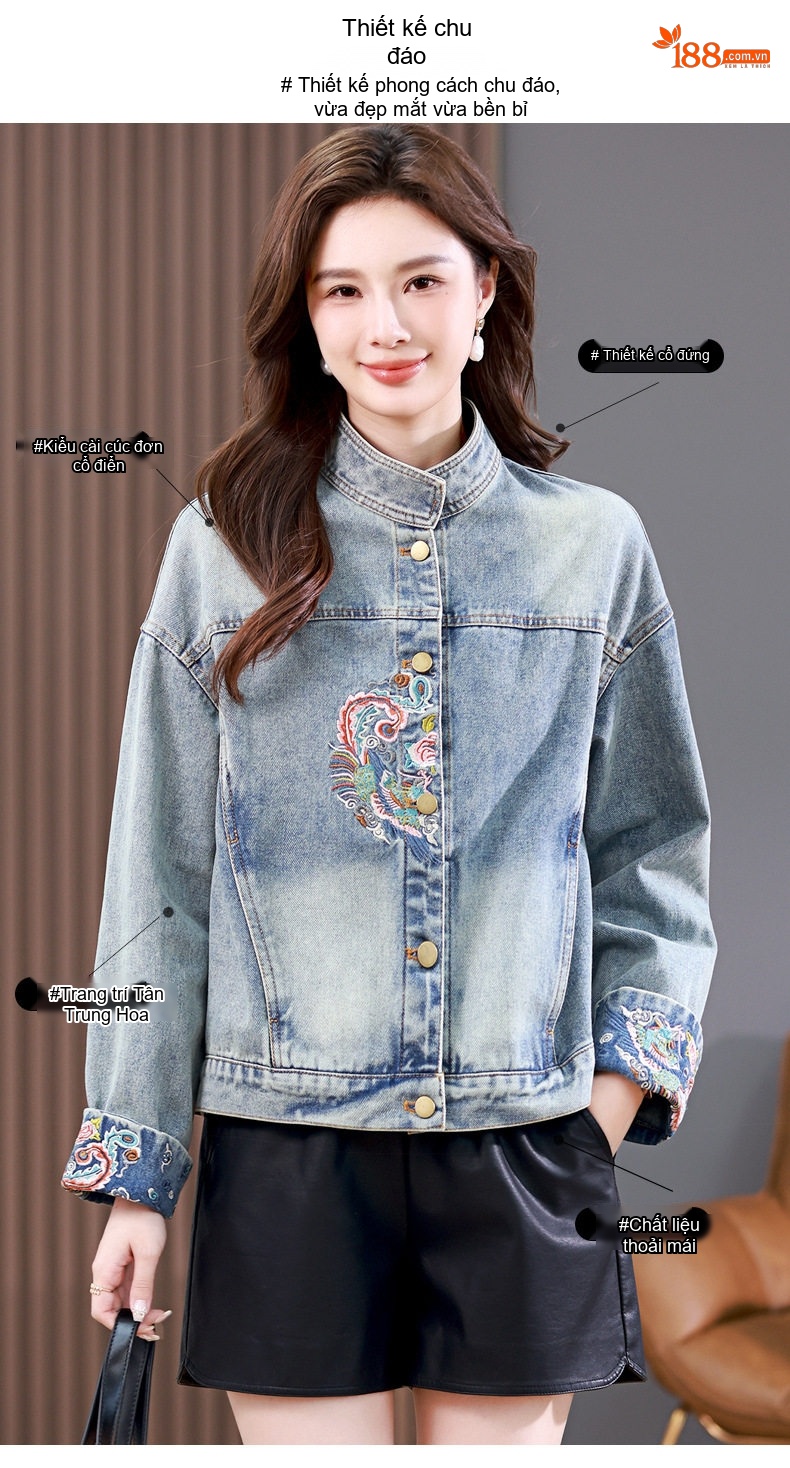 Áo Khoác Jean Nữ Thêu Họa Tiết Phong Cách Trung Hoa Dáng Ngắn Màu Xanh Jean chi tiết 3